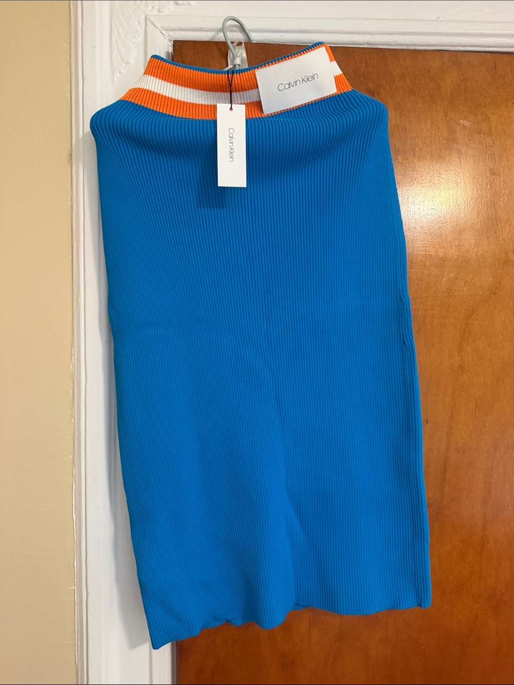 Calvin Klein Bright Blue Ribbed Skirt with Orange & White Waistband